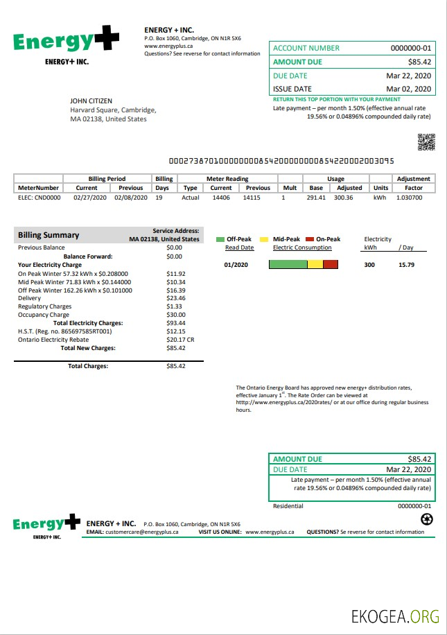 USA Massachusetts Energy Plus electricity utility bill template in Word and PDF format